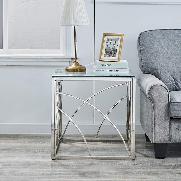 Stainless Steel Coffee Table with Glass Tabletop,Silver