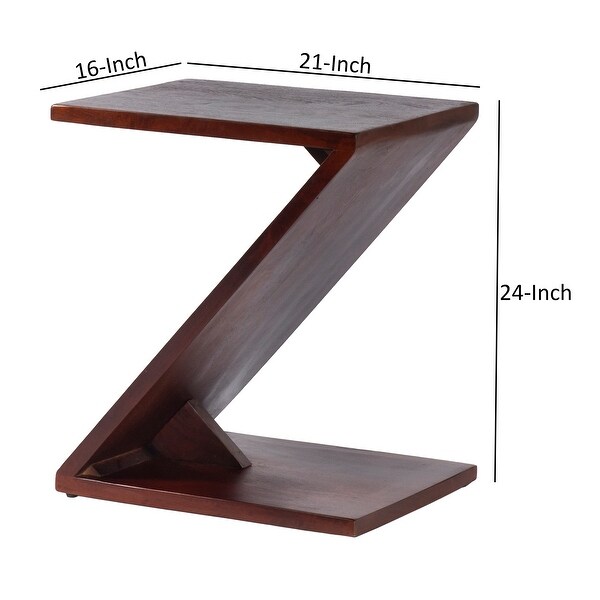 24 Inch Rectangular Mango Wood Side Table, Z Shaped Frame, Dark Brown