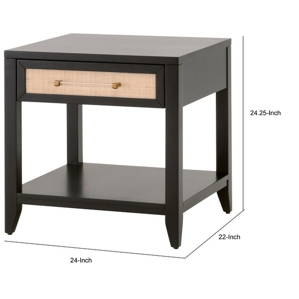 24 Inch Wood Side Table with Rattan Front Drawer, Bottom Shelf, Black
