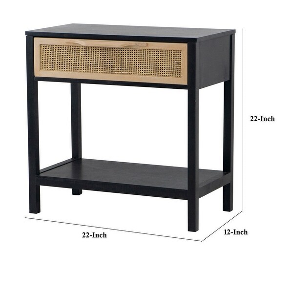 Tia 22 Inch Accent Side Table, Pine Wood, Woven Rattan, 1 Drawer - 22 H x 12 W x 22 L Inches