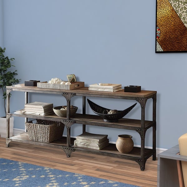 Table With 4 Shelves, Weathered Oak and Antique Silver- Saltoro Sherpi