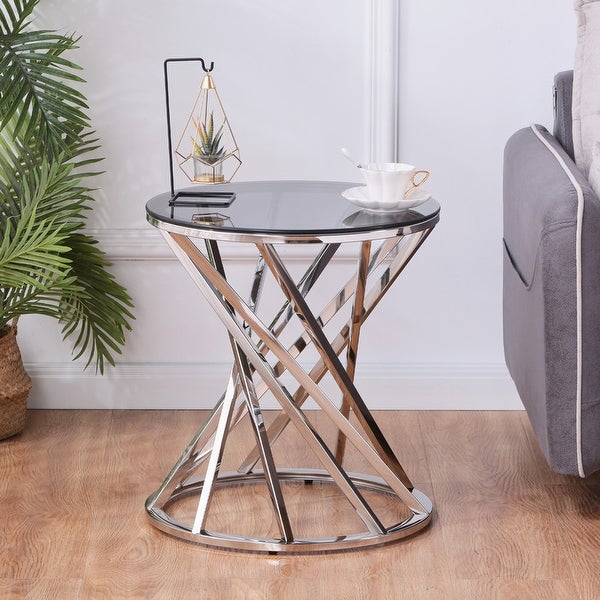 Round Glass Top Side Table with Stainless Steel Frame for Living Room, Modern Spiral Center Table Small Coffee Table End Table