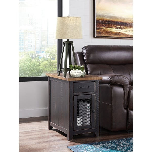 Rustic Chairside Table with hidden Charging Station, Solid Wood