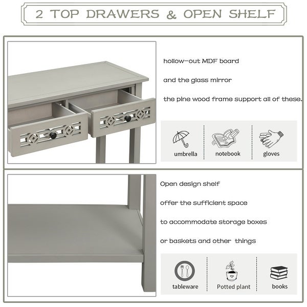 Classic Wooden Console Table with 2 Top Drawers and Open Storage Shelf, Sofa Table with Hollow-out Decoration, Silver