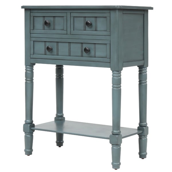 Narrow Console Table with 3 Storage Drawers and Black Round Deco Knobs, Slim Sofa Table with Bottom Shelf, Navy