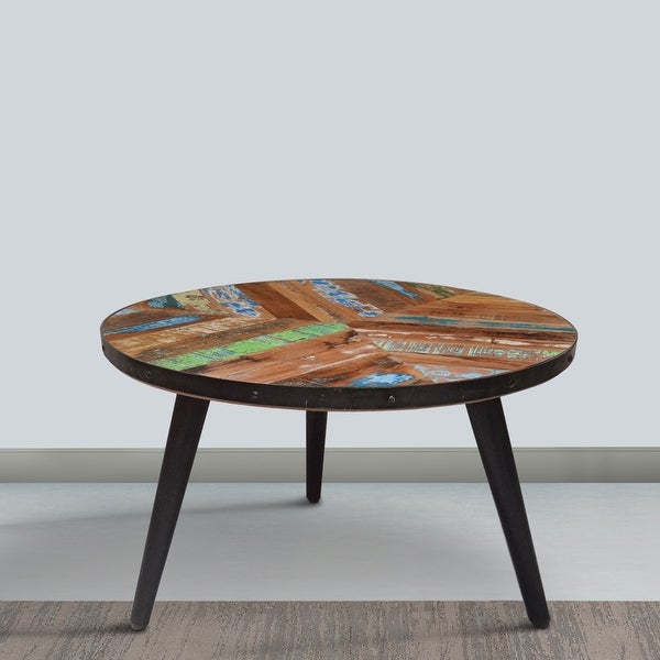 17 Inch Industrial Side Table, Reclaimed Wood, Round Multi Tone Top, Iron Trim, Brown, Black