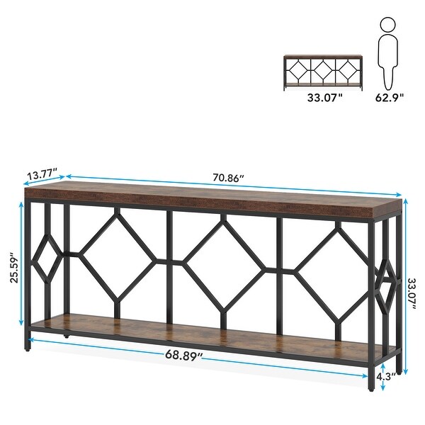 71 Inch Extra Long Console Table, Industrial Narrow Sofa Table Entry Table Behind Couch Table with Open Storage Shelf