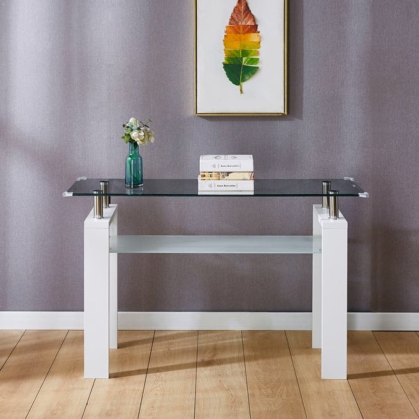 MDF Console Table, Tempered Glass Top, Modern Foyer Area Table, Wide High-Gloss MDF Legs