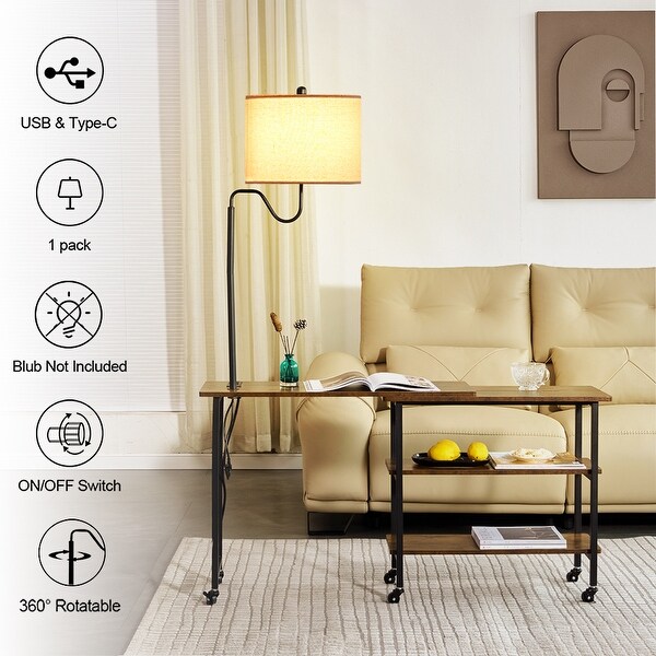 L-shaped Computer Desk with Wheels, Floor Lamp, Shelves,Side Table