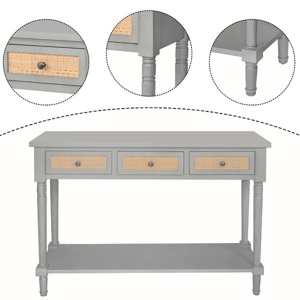 Farmhouse Rattan Console Table, Rustic Long Entryway Table with 3 Drawers,Long Shelf Sofa Table, Antique Gray