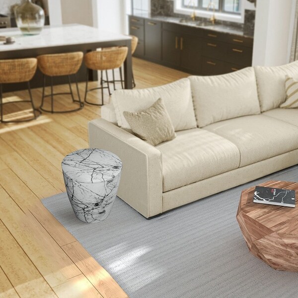16 Inch Round Accent Side Table, Aluminum Sheet, Faux Marble, Enamel Coating, White - 16 H x 15 W x 15 L
