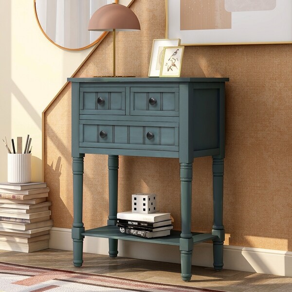 Narrow Console Table with 3 Storage Drawers and Black Round Deco Knobs, Slim Sofa Table with Bottom Shelf, Navy