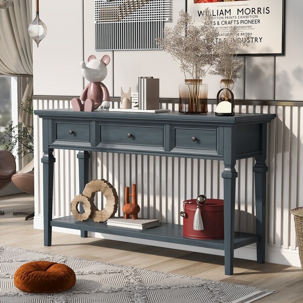 Classic American Retro Style Console Table with 3 Top Drawers and Open Style Bottom Shelf, Solid Wood Sofa Table for LivingRoom