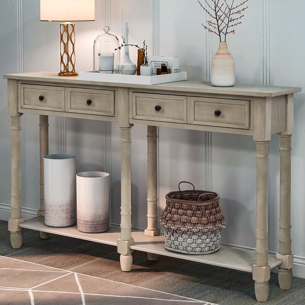 Solid Wood Sofa Table Console Table with 2 Drawers and Open Bottom Shelf, Classic Rustic Entryway Table Side Table for Living Room