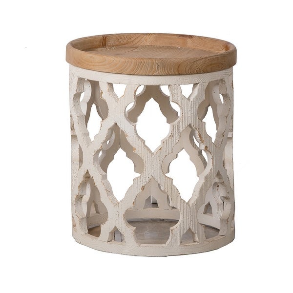 23 Inch Side Table, Vintage Wood Cutout Design, Round Top, Brown, Cream