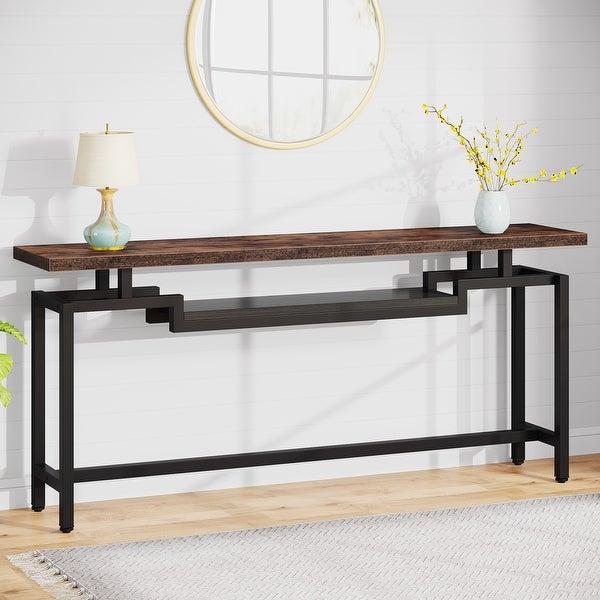 Brown/ Black 70.86 Inches Industrial Extra Long Console Entryway Table, White/ Gold Modern 2-Tier TV Stand