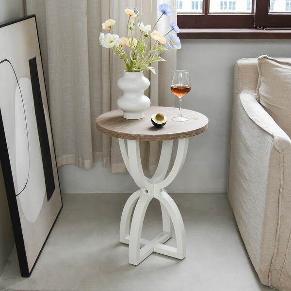 Farmhouse Round End Table, Rustic Wood Side Table for Living Room/Bedroom, White/Natural