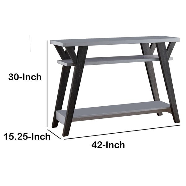 Wooden Console Table with 2 Lower Shelves, White and Distressed Gray