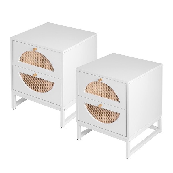 Allen 2 Drawer Nightstand Set of 2,White,Natural Rattan,Display Rack for Bedroom and Living Room