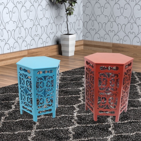 2 Piece Hexagonal Wooden Side Table with Cut Out Details, Red and Blue