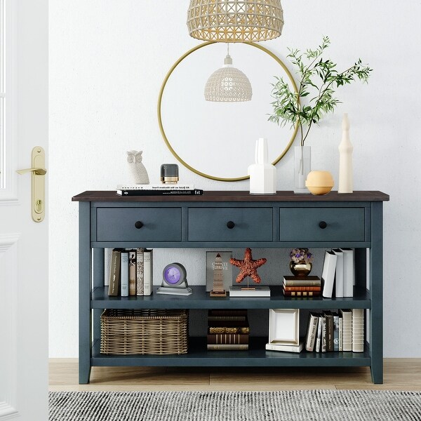 Mid-Century Style Console Table with 3 Drawers 2 Open Shelves, Modern Sofa Table with Solid Wood Frame and Legs for Living Room