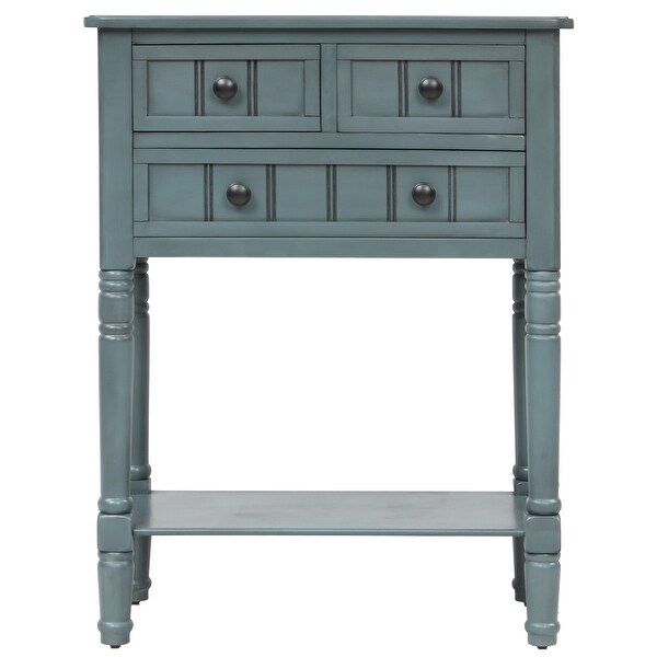 Narrow Console Table with 3 Storage Drawers and Black Round Deco Knobs, Slim Sofa Table with Bottom Shelf, Navy