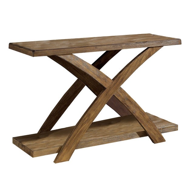 Wooden Sofa Table with Open Bottom Shelf and X-Shaped Base, Antique Light Oak Brown