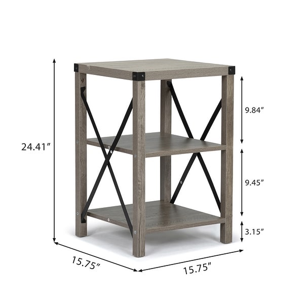 2pcs Farmhouse Side Table with 3-Tier Shelf and X-Shaped Metal Support