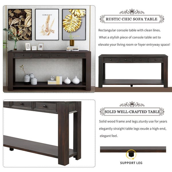 Chic Console Table Side Table with 4 Drawers and Bottom Open Shelf, Solid Wood Sofa Table Entryway Table for Entryway Living Room