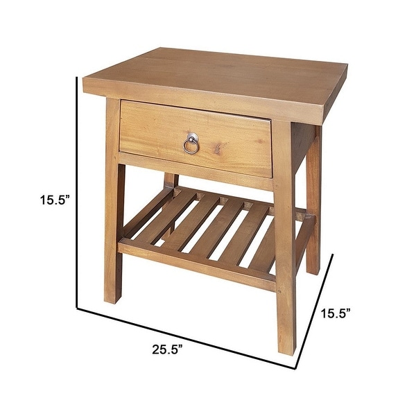 26 Inch Side Table, Classic Look, Drawer, Slatted Shelf, Modern Wood Brown - 15.5 H x 15.5 W x 25.5 L Inches