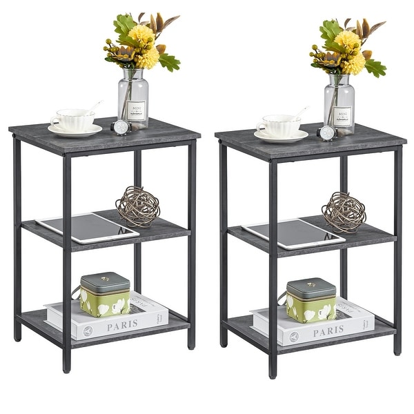 Set of 2 End Table With Wood Storage Shelf, 3-Tier Bedside Sofa Side End Table Storage Display Shelf