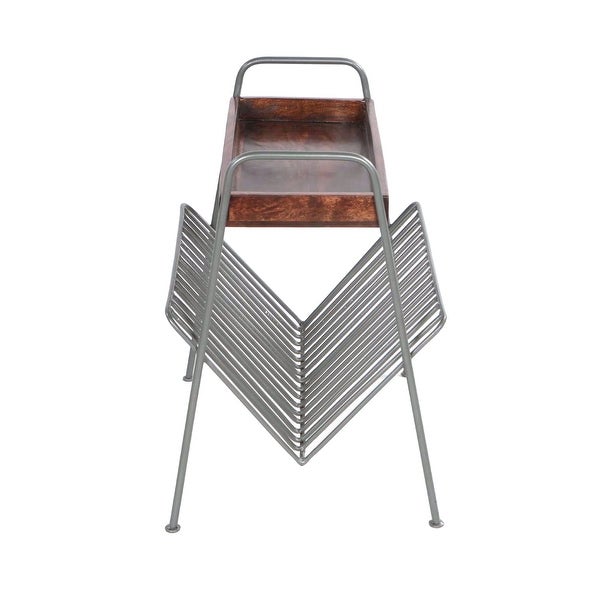 25 Inch Rectangular Metal Frame Side Table, Magazine Rack, Mango Wood Tray Top, Brown, Pewter Gray