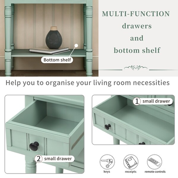 Narrow Console Table with 3 Storage Drawers and Black Round Deco Knobs, Slim Sofa Table with Bottom Shelf, Antique Blue
