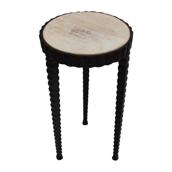 22 Inch Round Wooden Side Table with Tapered Tripod Base, Brown and Black - 21