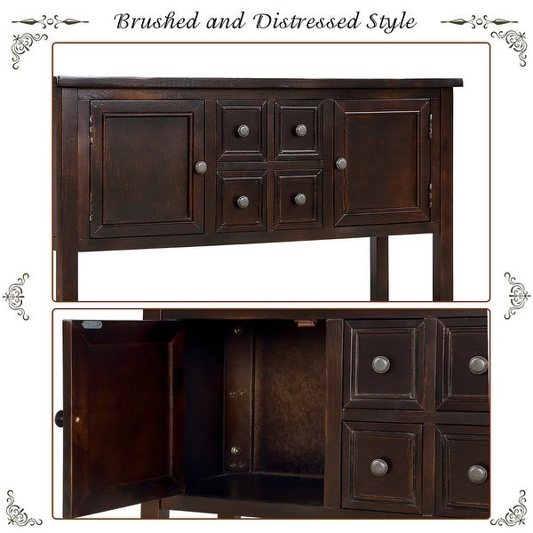 Wooden Console Table with 4 Storage Drawers and 2 Cabinets, Sofa Table with Bottom Shelf and Solid Wood Legs, Espresso