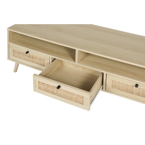 Rattan TV Stand with Solid Wood Feet, TV Console Table for Living Room, Natural