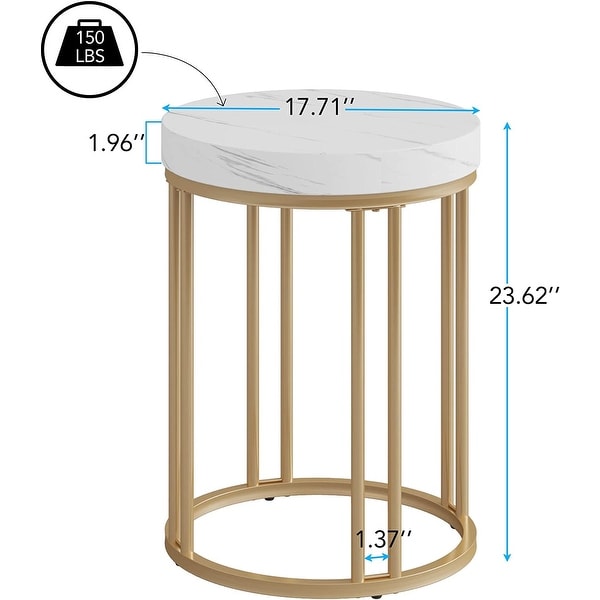 White Gold Round End Table, Modern Bedside Nightstand Faux Marble Top