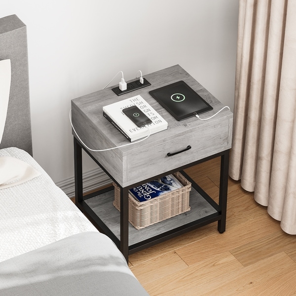 Nightstand-Bedside Table with Charging Station Type-CandUSB Ports, Modern End Table