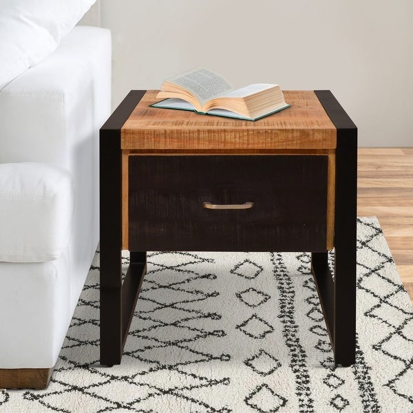 24 Inch Single Drawer Wooden Side Table with Metal Frame, Brown and Black