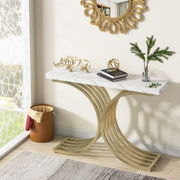 X-Base Gold Console Table, Narrow Sofa Accent Table with Marble Top for entrance, Hallway - 43'' L x 11.8'' D x 32”H