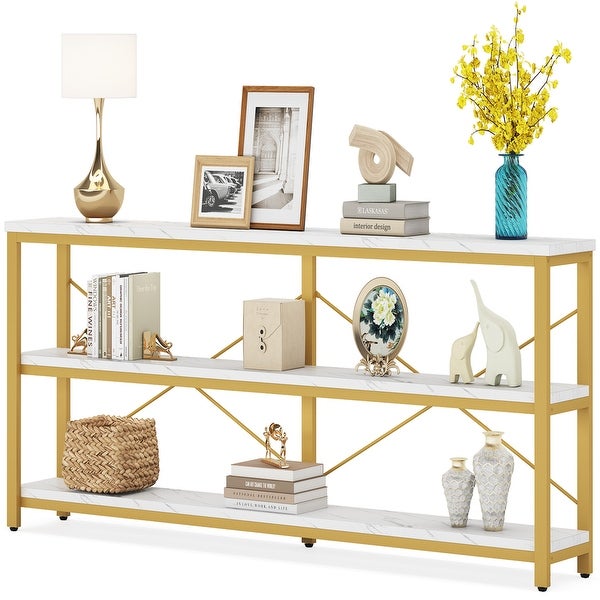 Brown Industrial Extra Long Console Sofa Table,White/ Gold 3 Tiers TV Stand