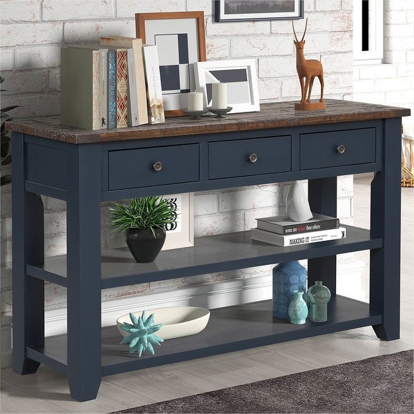 48'' Solid Pine Wood Top Console Table, Modern Entryway Sofa Side Table with 3 Storage Drawers and 2 Shelves. Easy to Assemble