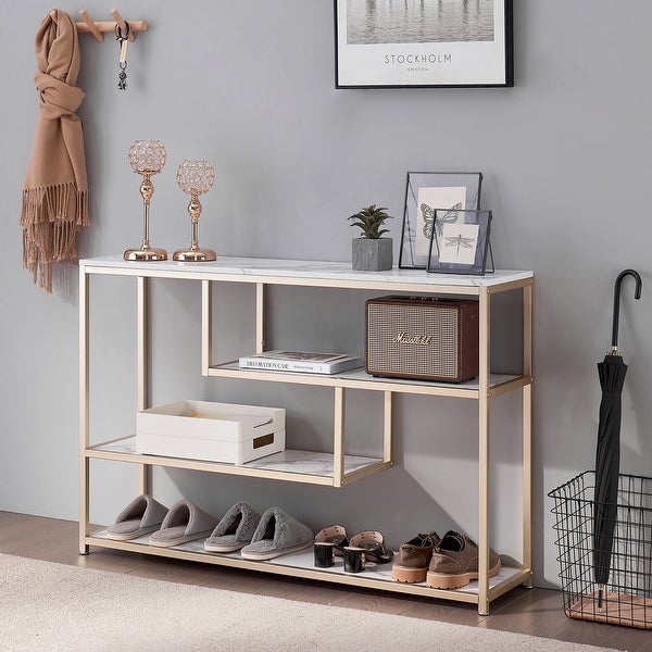 Mcombo 3-Tier Console Table with Storage, White Entryway Table with Shelves, Gold Small Table Sofa Tables for Living Room