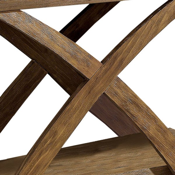 Wooden Sofa Table with Open Bottom Shelf and X-Shaped Base, Antique Light Oak Brown