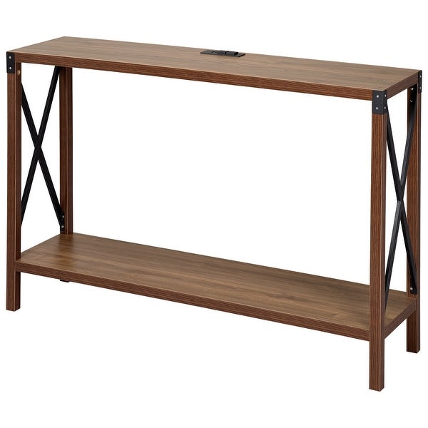 Industrial Rectangular Wood Console Table with AC Power and USB Charging Ports, Walnut