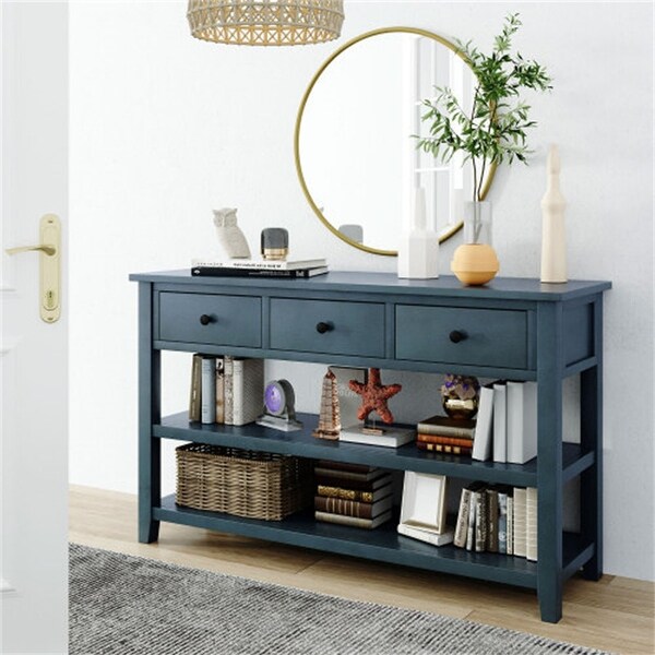 Retro Solid Wood Console Table,3 Top Drawers and 2 Open Shelves Table - 50“L x 16”W x 30”H