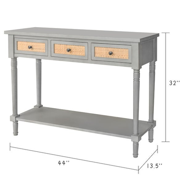 Farmhouse Rattan Console Table, Rustic Long Entryway Table with 3 Drawers,Long Shelf Sofa Table, Antique Gray