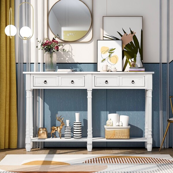 Rectangular Console Table Sofa Table with Drawers and Long Shelf, Walnut