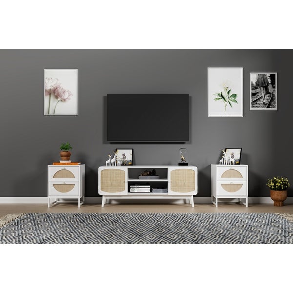 Allen 2 Drawer Nightstand Set of 2,White,Natural Rattan,Display Rack for Bedroom and Living Room