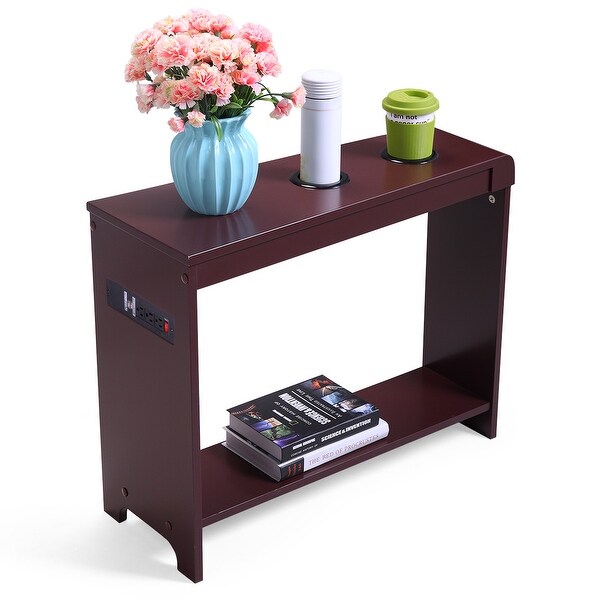 Narrow Side Table/Coffee Table with Storage Open Shelf,Cup Holders and USB Charging Station
